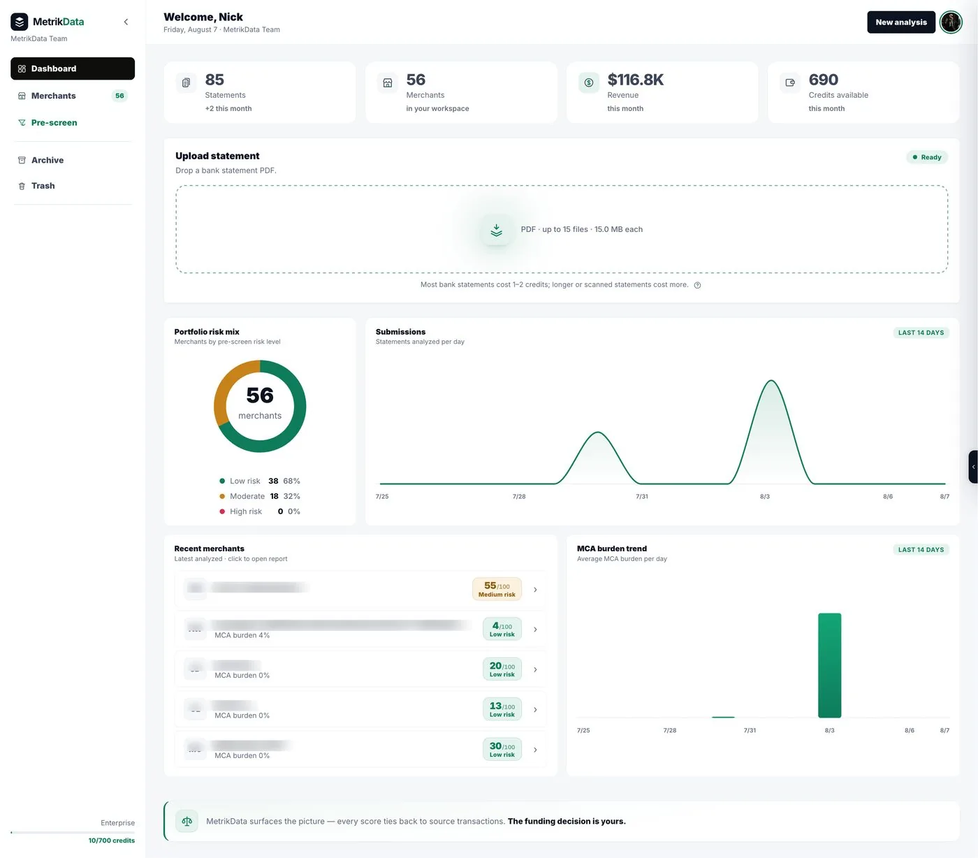 MetrikData dashboard with a merchant case ready for a bank statement upload